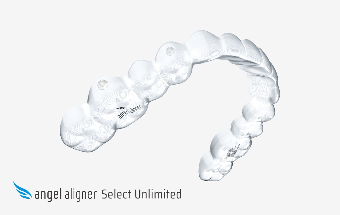 A clear dental aligner is displayed on a white background with the text angel aligner Select Unlimited and a blue wing logo in the bottom left corner.